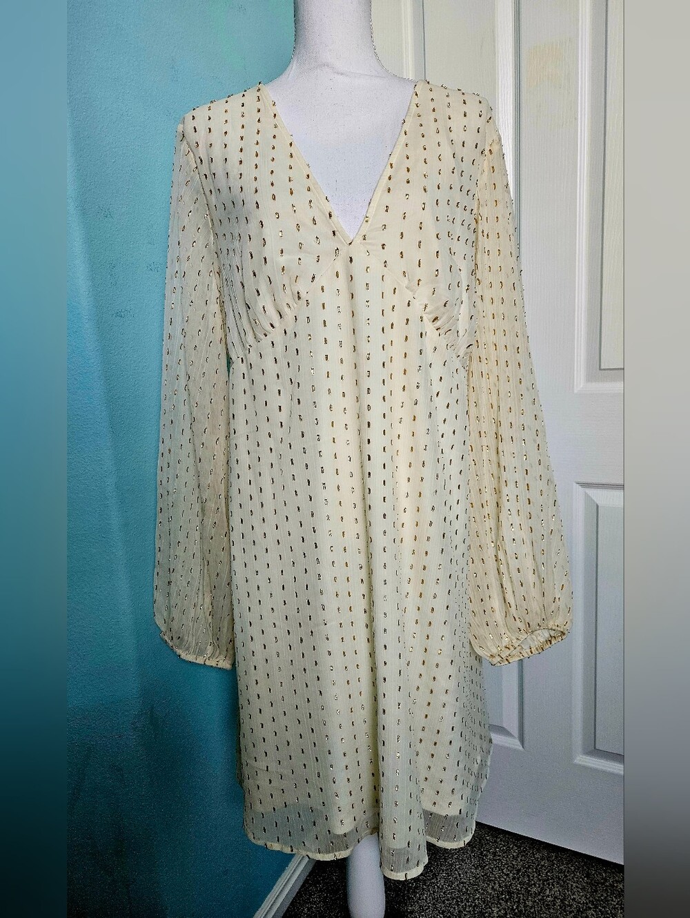 Elegant Cream w/gold Long Sleeve Dress